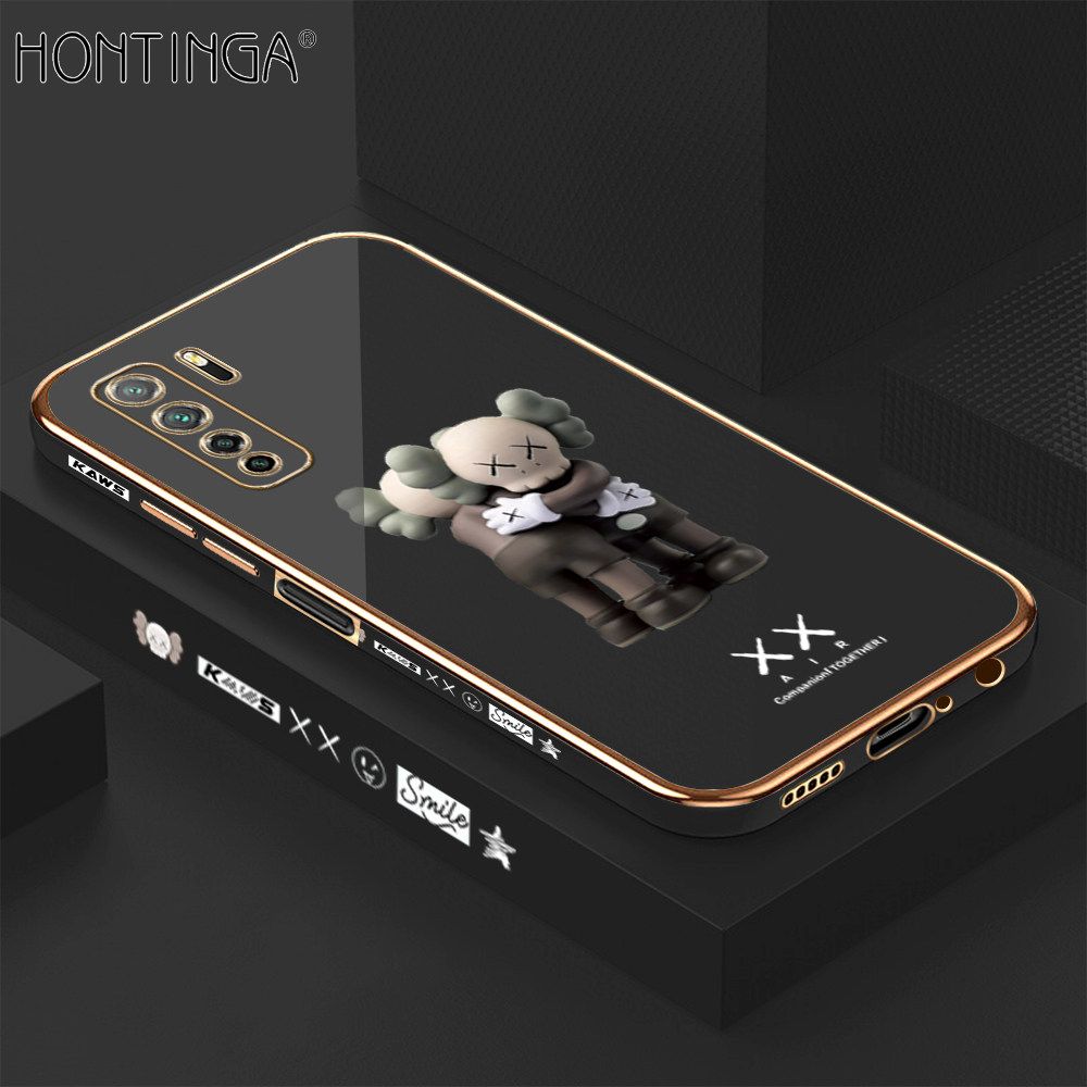 Hontinga for Huawei Nova 7 SE Back Cover + Free Lanyard Luxury 6D Plating Cartoon Hug bear Side Pattern Case Soft Silicone Square Mobile Cover