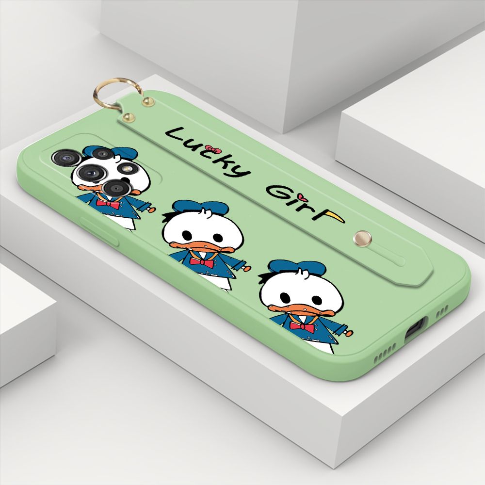 ZeroQiQi for Samsung Galaxy A52 5G Wrist Strap Case Cute Cartoon Little Duck Phone Case Square Edge Liquid Silicone Case Full Cover Camera Shockproof Protective Cases