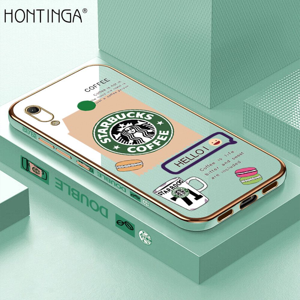 Hontinga for Huawei Y6 Pro 2019 Back Cover + Free Lanyard Luxury 6D Plating Fashion Coffee Side Pattern Case Soft Silicone Square Phone Cases