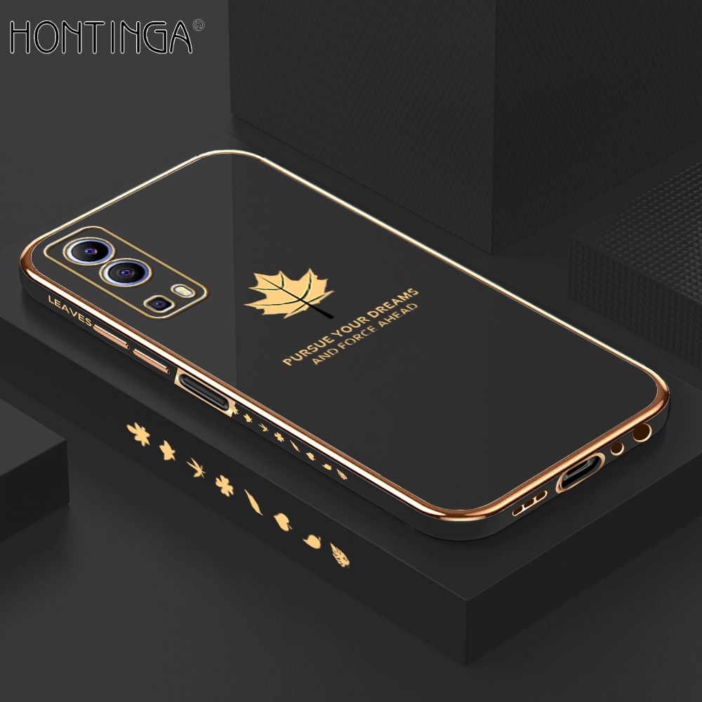 Hontinga for Vivo Y52 5G / Y72 5G Case Luxury 6D Plating Maple Leaf Side Pattern Soft Back Cover Silicone Square Frame Shiny Bling Phone Cover