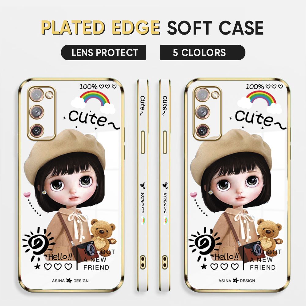 Luxury 6D Plating Case for Samsung Galaxy S20 FE 5G / 4G Back Cover Cute Satchel Girl Side Pattern Soft Silicone Square Phone Cases