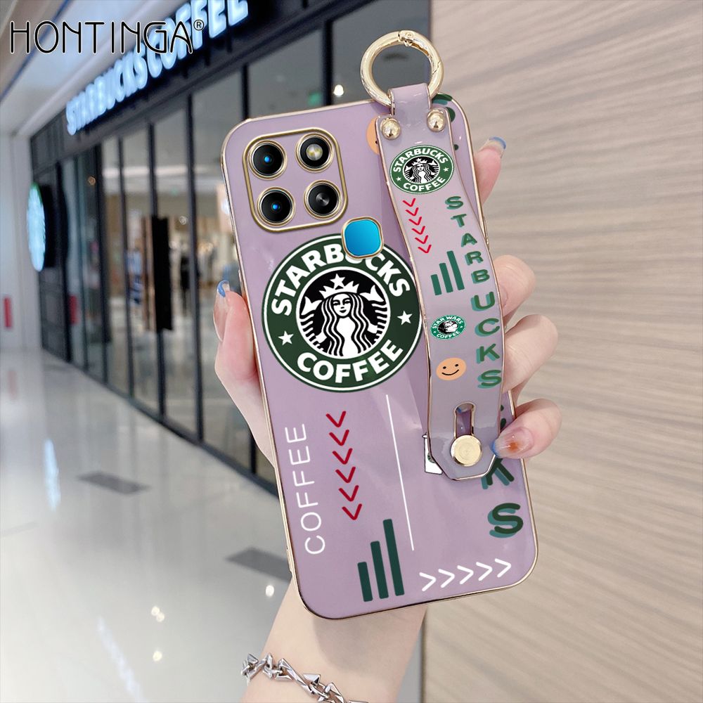 Hontinga for Infinix Smart 6 Back Cover With Wristband Luxury 6D Plating Coffee Sign Case Soft Silicone Square Phone Cases