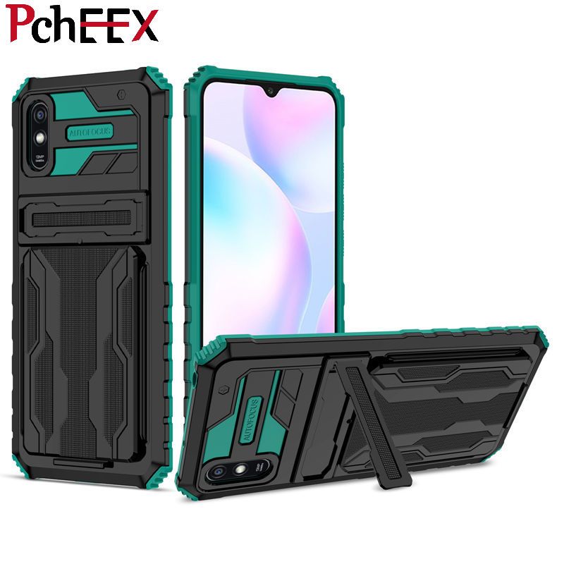 For Xiaomi Redmi 9A / 9AT Phone Case Armor Hard Military Grade Bumper Slot Card Kickstand Cover