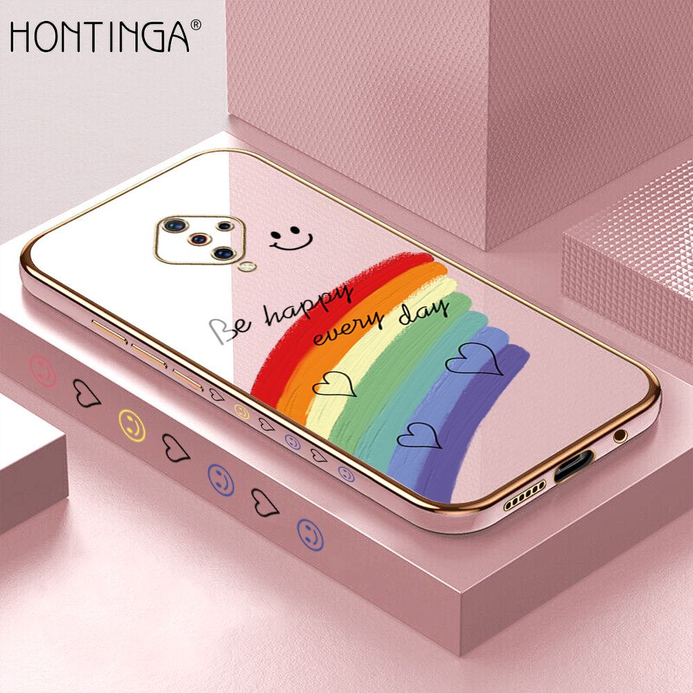 Hontinga for Vivo S1 Pro Back Cover + Free Lanyard Luxury 6D Plating Cartoon Rainbow Side Pattern Caese Soft Silicone Square Phone Cases
