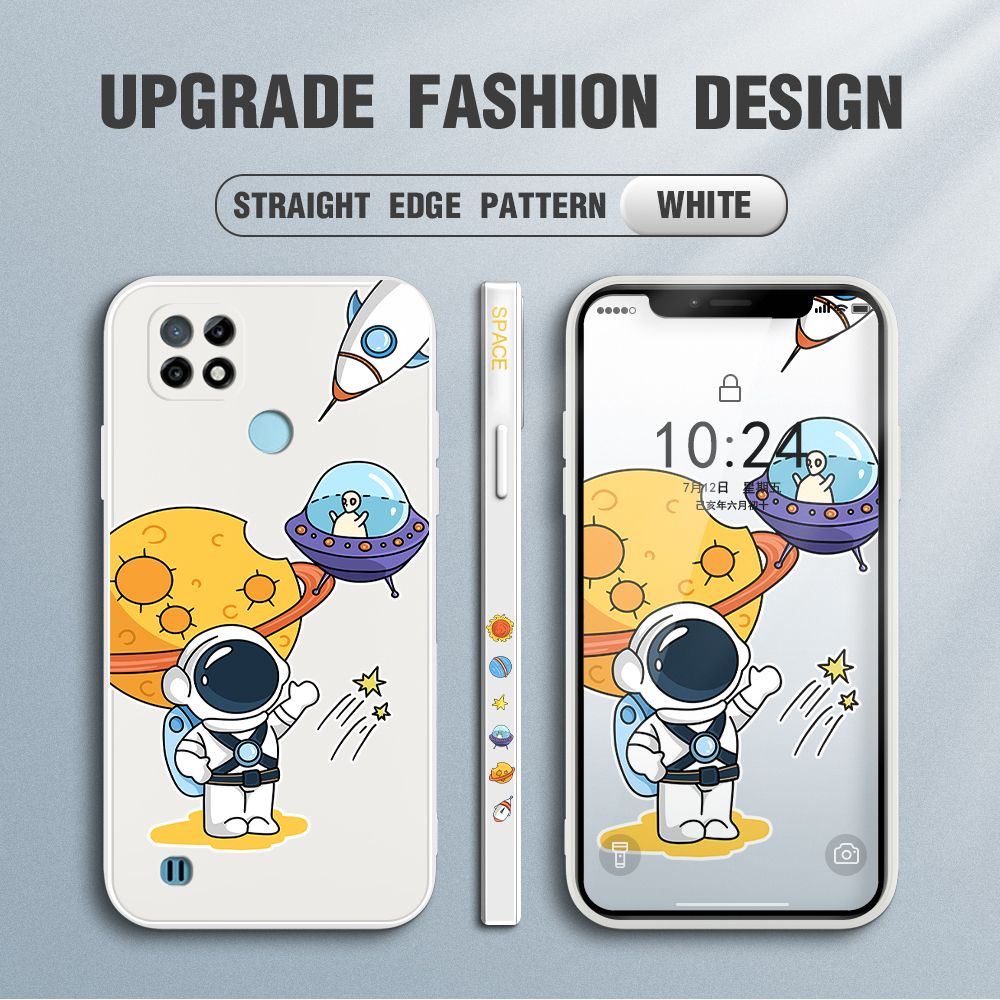 Jizetin for Realme C21 Case Side Design Phone Cover Moon Space Astronaut Cover Square Edge Pattern Liquid Silicone Trend Case