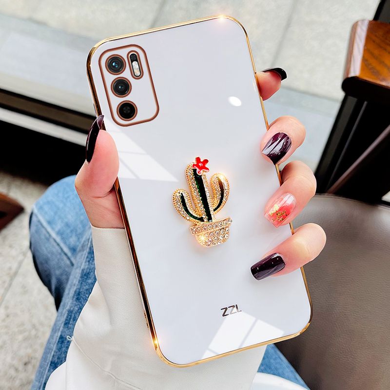 For Xiaomi POCO M3 Pro 5G / Redmi Note 10 5G Cover Fashion Rhinestone 3D Cactus Shiny Plating Square Bumper Phone Case Soft Silicone Shockproof Protective Back Cover