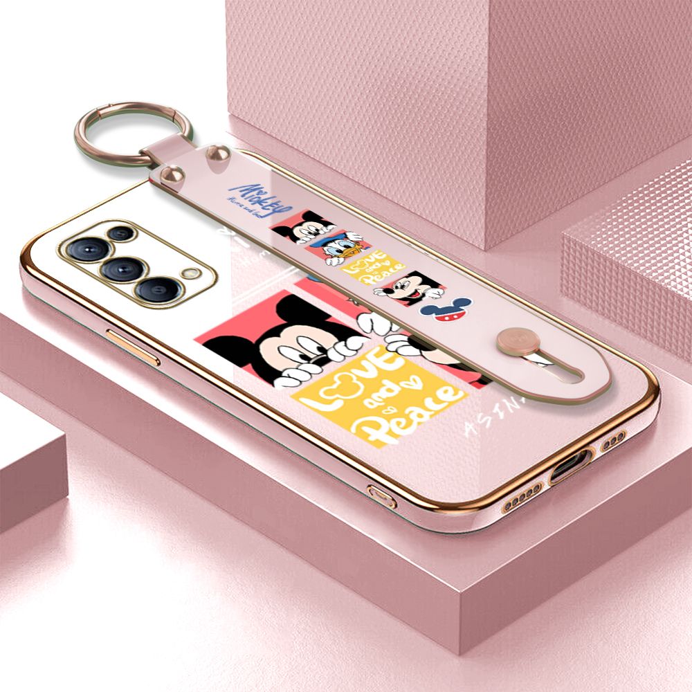 Jizetin for OPPO Reno5 / Reno5 5G / Reno5 4G Back Cover Lovely Mouse Luxury 6D Plating Wrist Strap Phone Cases Soft Silicone Square Mobile Phone Case