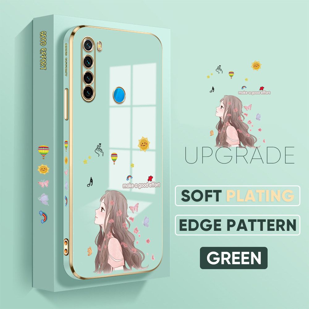 TA for Redmi Note 8 Back Cover + Free Lanyard Charming Girl Luxury 6D Plating Case Side Pattern Soft Silicone Square Phone Cases