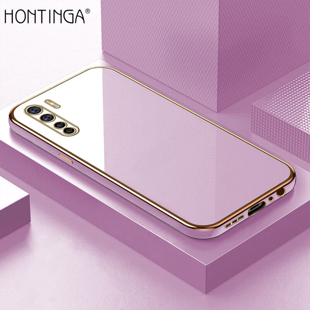 Hontinga for OPPO Reno3 Back Cover + Free Lanyard Luxury 6D Plating Frame Shiny Bling Case Soft Silicone Square Phone Cases