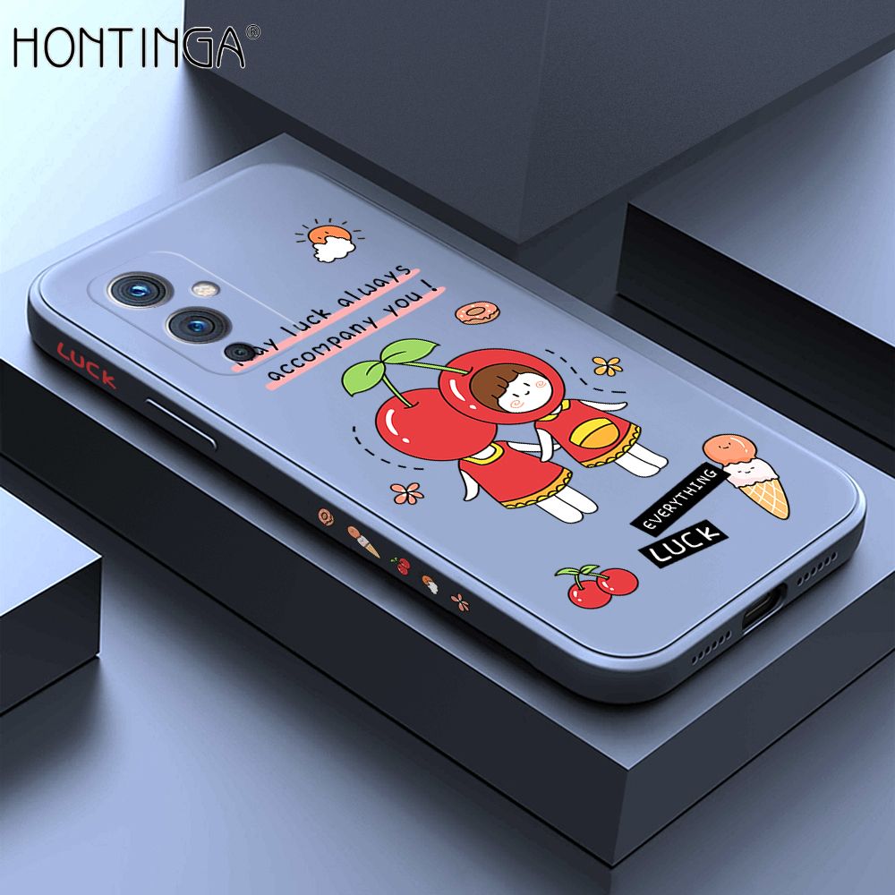 Hontinga for OnePlus 9 Case Side Design Cute Cherry Girl Back Cover Soft Square Edge Pattern Liquid Silicone Trend Phone Cases