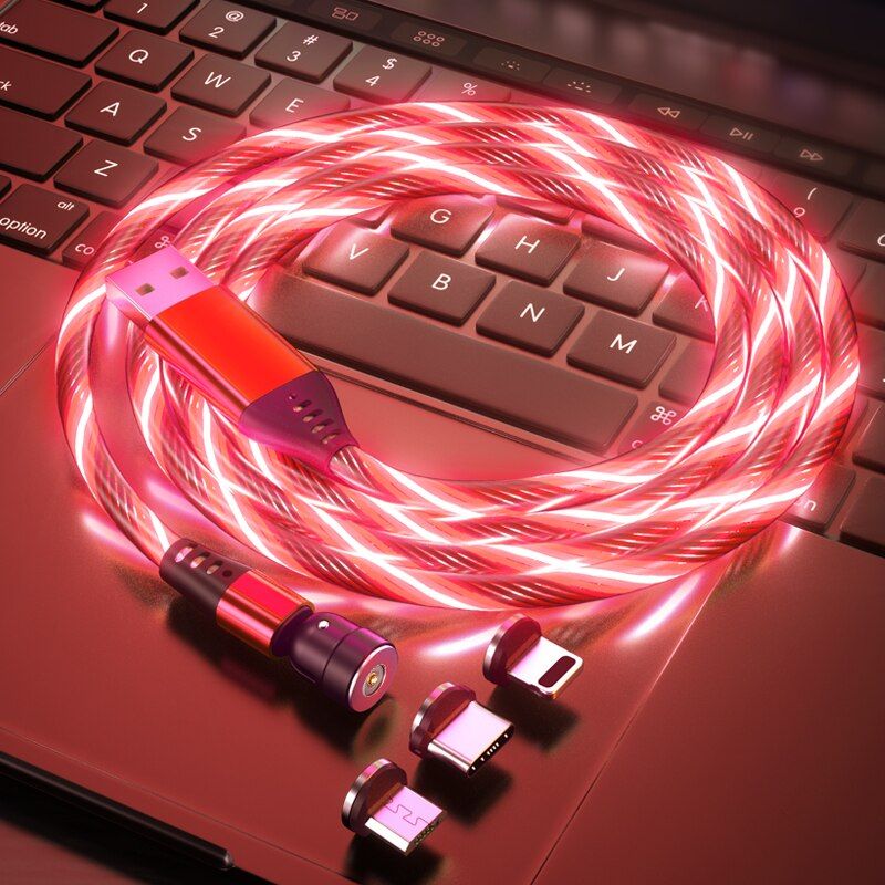 540° Rotate Magnetic Cable 3A Fast Charging Cable Flowing Light LED Luminous Mobile Type C USB C Micro USB Cable For iPhone