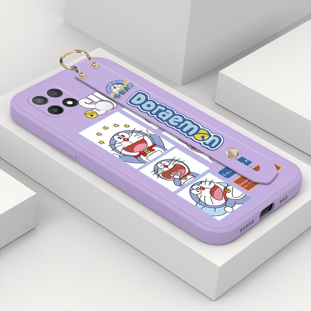 ZeroQiQi for OPPO A15S Wrist Strap Case Cute Cute Cartoon Blue Cat Daily Life Cover Square Edge Liquid Silicone Creative Phone Protective Cases