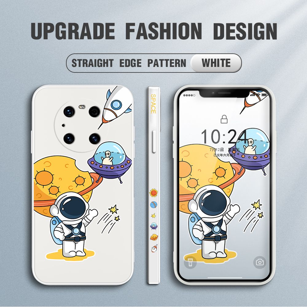 Jizetin for Huawei Mate 40 Pro Case Side Design Phone Cover Moon Space Astronaut Cover Square Edge Pattern Liquid Silicone Trend Case