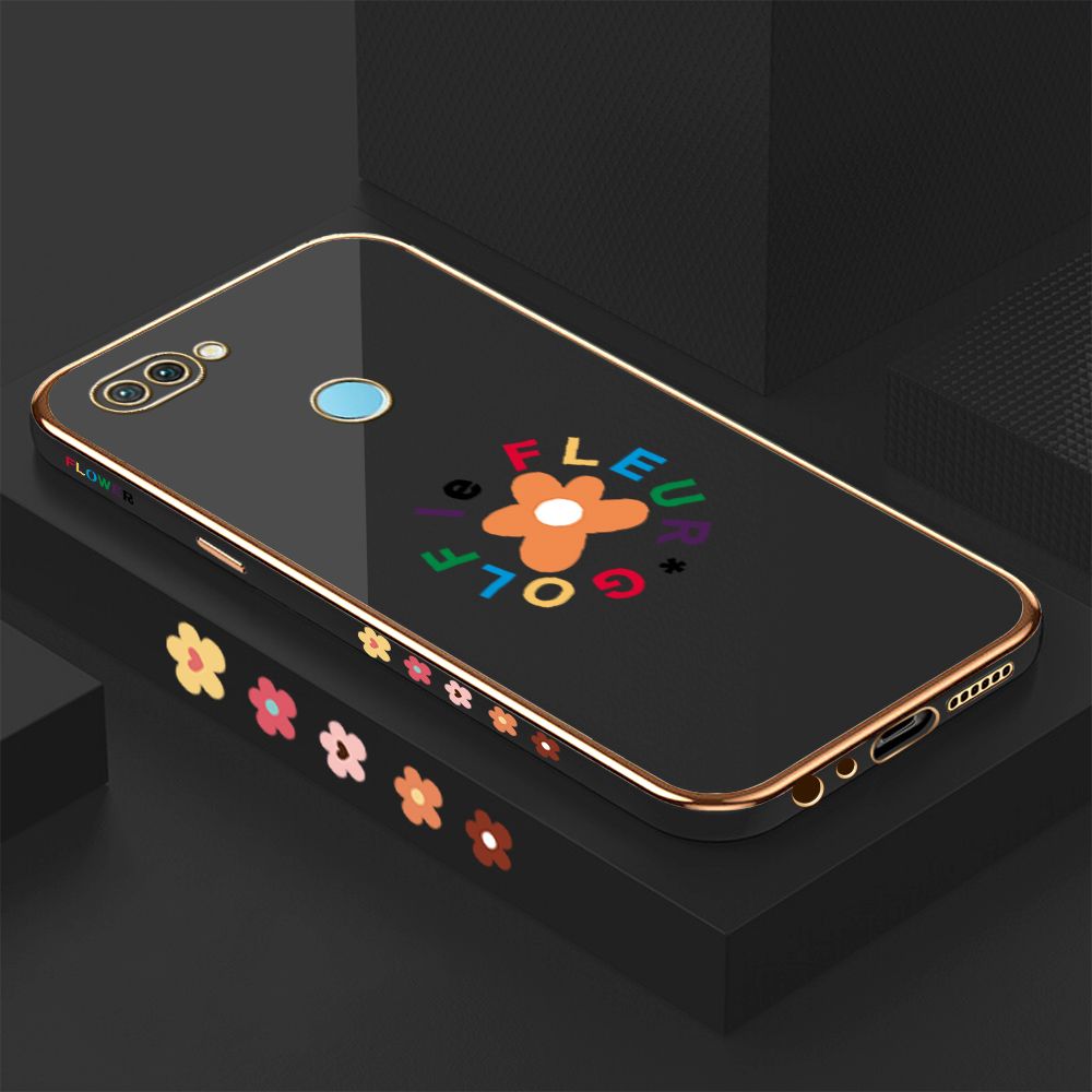 Luxury 6D Plating Case for Realme 2 Pro Cartoon Flower Side Pattern Back Cover Soft Silicone Square Frame Shiny Bling Phone Cases + Free Lanyard