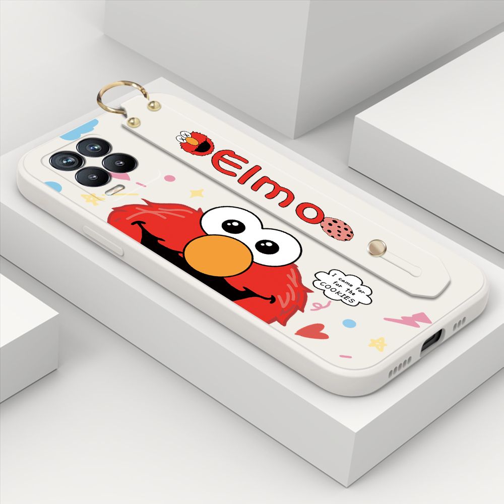 ZeroQiQi for Realme 8 Wrist Strap Case Cute Cute Cartoon Little Monster Phone Cover Square Edge Liquid Silicone Case Full Cover Camera Shockproof Protective Cases