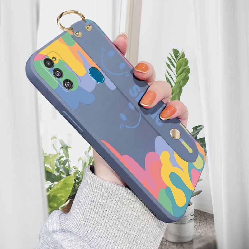 Jizetin for Samsung Galaxy M21 / M30S Wrist Strap Case Soft Candy Color Splash Ink Cover Ultra Thin Anti Fall Liquid Silicone Phone Case