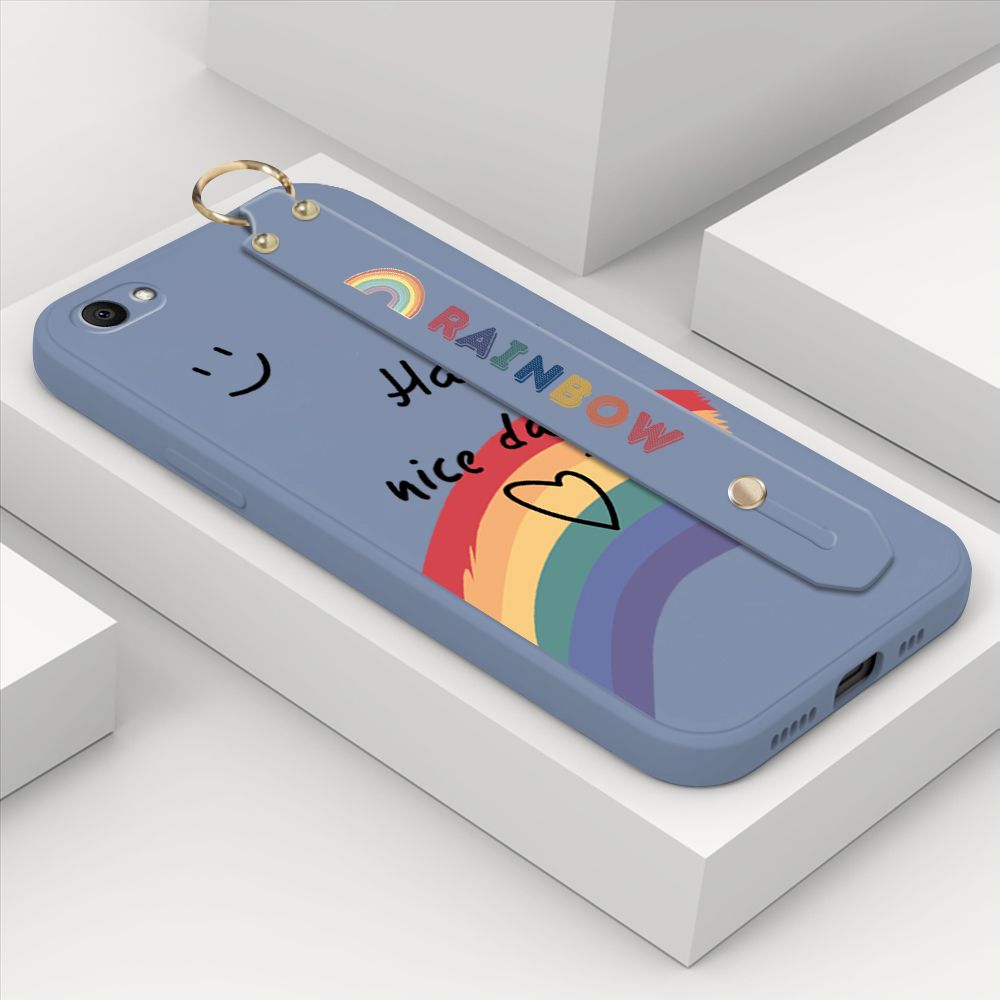 ZeroQiQi for Vivo V5 Lite Wrist Strap Case Lovely Graffiti Rainbow Smile Thin Phone Cover Square Edge Liquid Silicone Creativity Phone Case
