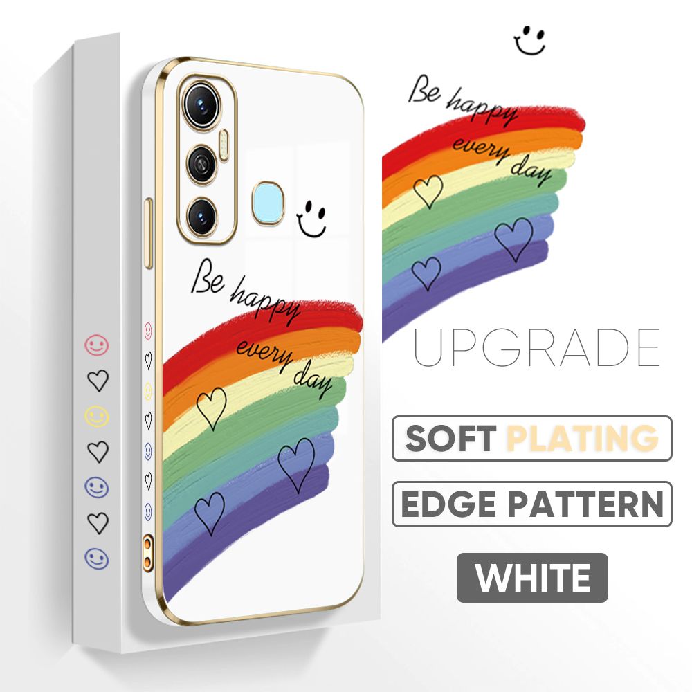 Jizetin (Free Lanyard) Infinix Hot 11 Back Cover Rainbow Luxury 6D Plating Case Side Pattern Soft Silicone Square Phone Cases