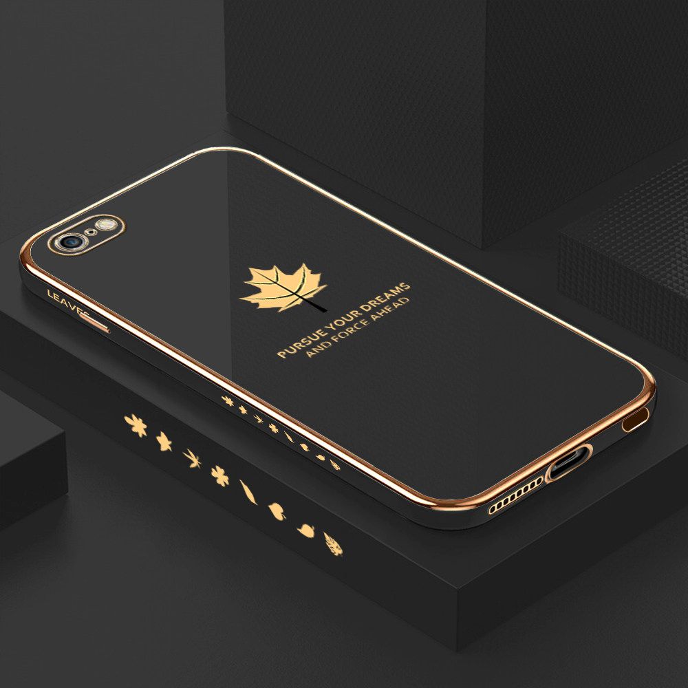 Luxury 6D Plating Soft Casing Silicone Square Frame Phone Case For iPhone 6 Plus Case Shiny Bling Back Cover New Maple Leaf Square Edge Pattern Design Soft Case + Free Lanyard