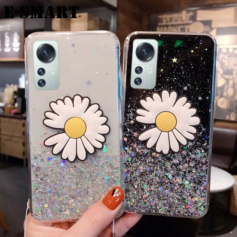 Phone Case Xiaomi 12 Transparent Bling Glitter Cases Soft Clear Shining Sequin Back Cover with Daisy Flowers Folding Xiaomi12 Case