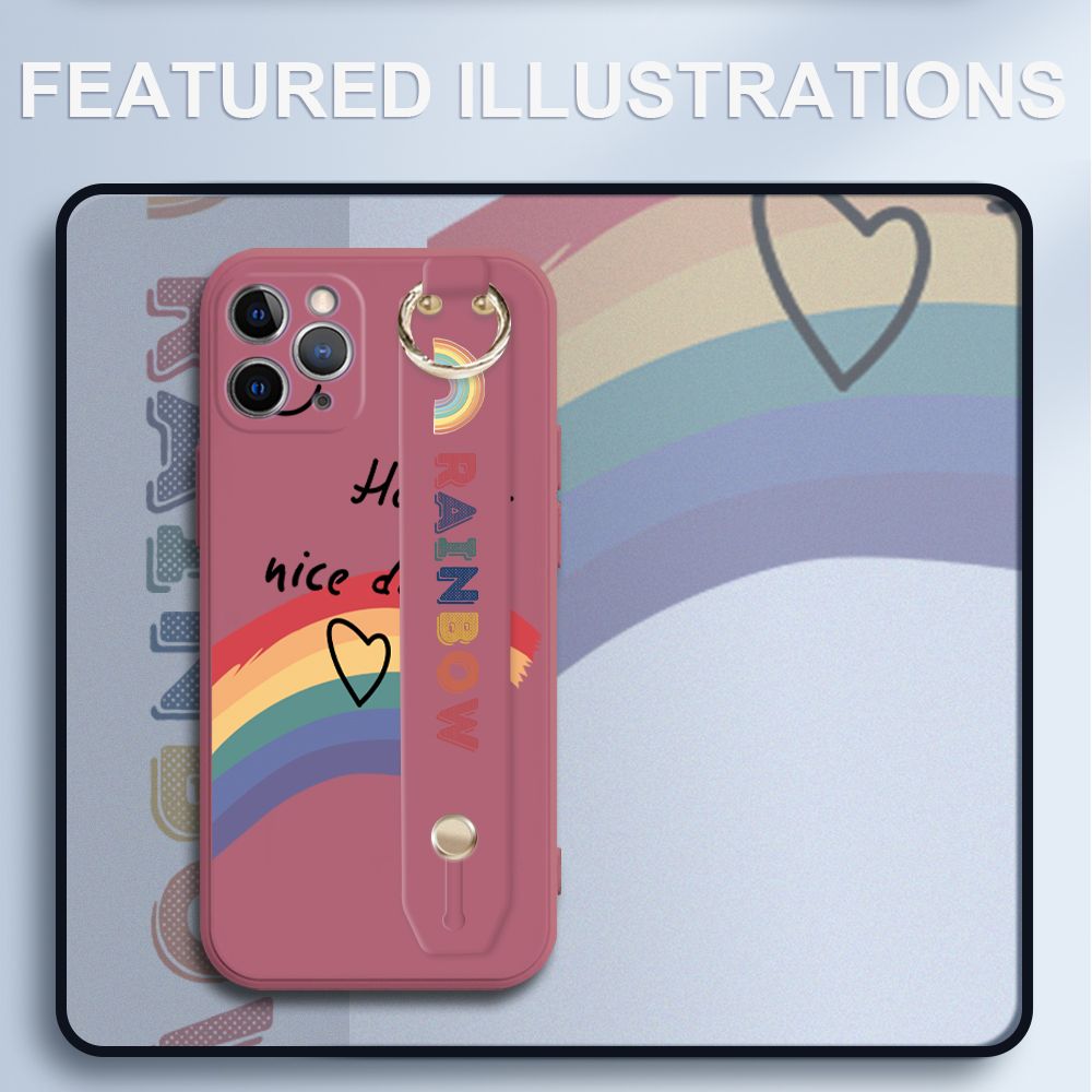 UCUC for iPhone 11 Pro Wrist Strap Case INS Style Smile Rainbow Cover Ultra Thin Anti Fall Liquid Silicone Phone Case