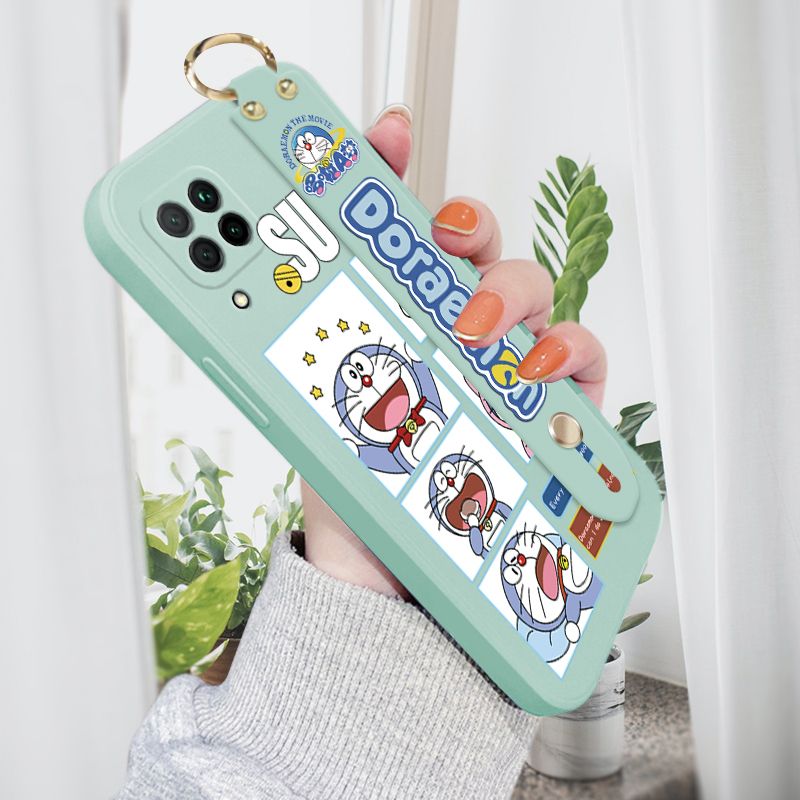 Jizetin for Huawei Nova 7i Wrist Strap Case Creative Cartoon Doraemon's Daily Life Cover Ultra Thin Anti Fall Liquid Silicone Phone Case