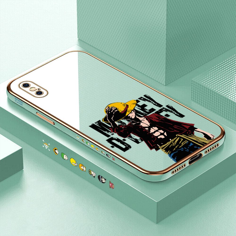 Luxury 6D Plating Case for iPhone X Anime Cartoon Cool Luffy Side Pattern Back Cover Soft Silicone Square Frame Shiny Bling Phone Cases + Free Lanyard