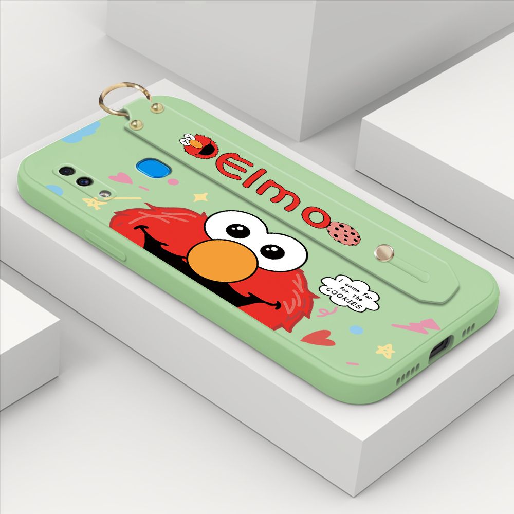 ZeroQiQi for Samsung Galaxy A30 Wrist Strap Case Cute Cute Cartoon Little Monster Phone Cover Square Edge Liquid Silicone Case Full Cover Camera Shockproof Protective Cases