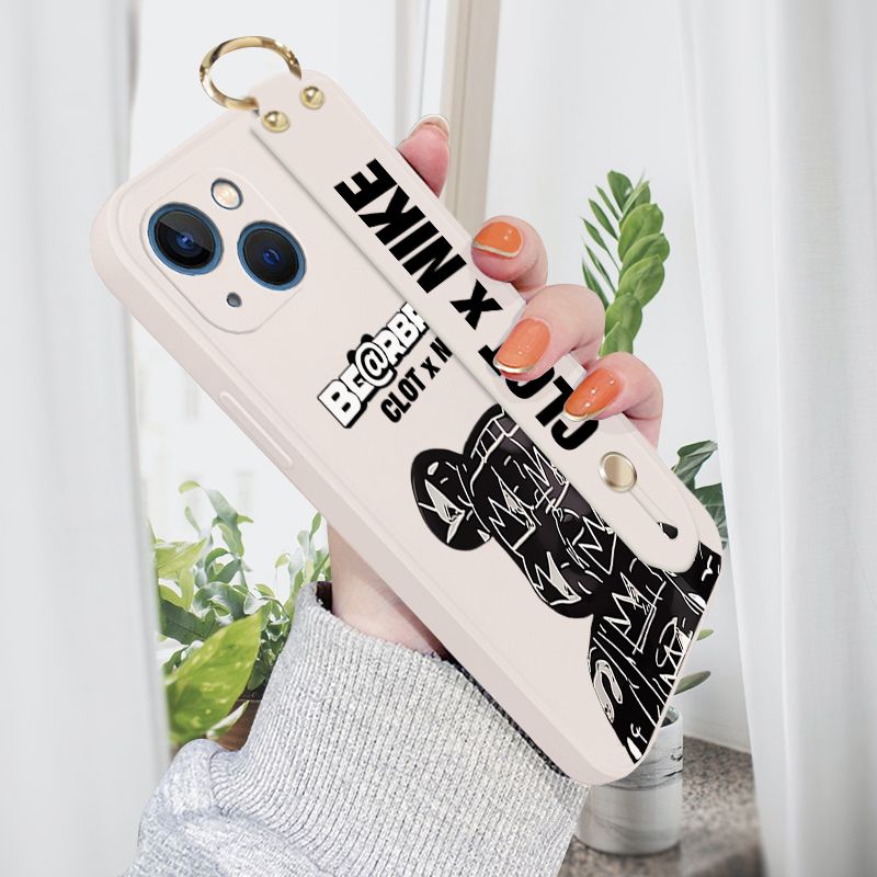 Jizetin for iPhone 13 Mini Wrist Strap Case Creative Cartoon Black Stitching Bear Cover Ultra Thin Anti Fall Liquid Silicone Phone Case