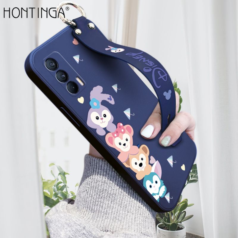 Hontinga for Realme V15 5G Wrist Strap Case INS Cute Style Creative Cartoon Rabbit and Fox Cover Thin Square Edge Liquid Silicone Phone Case