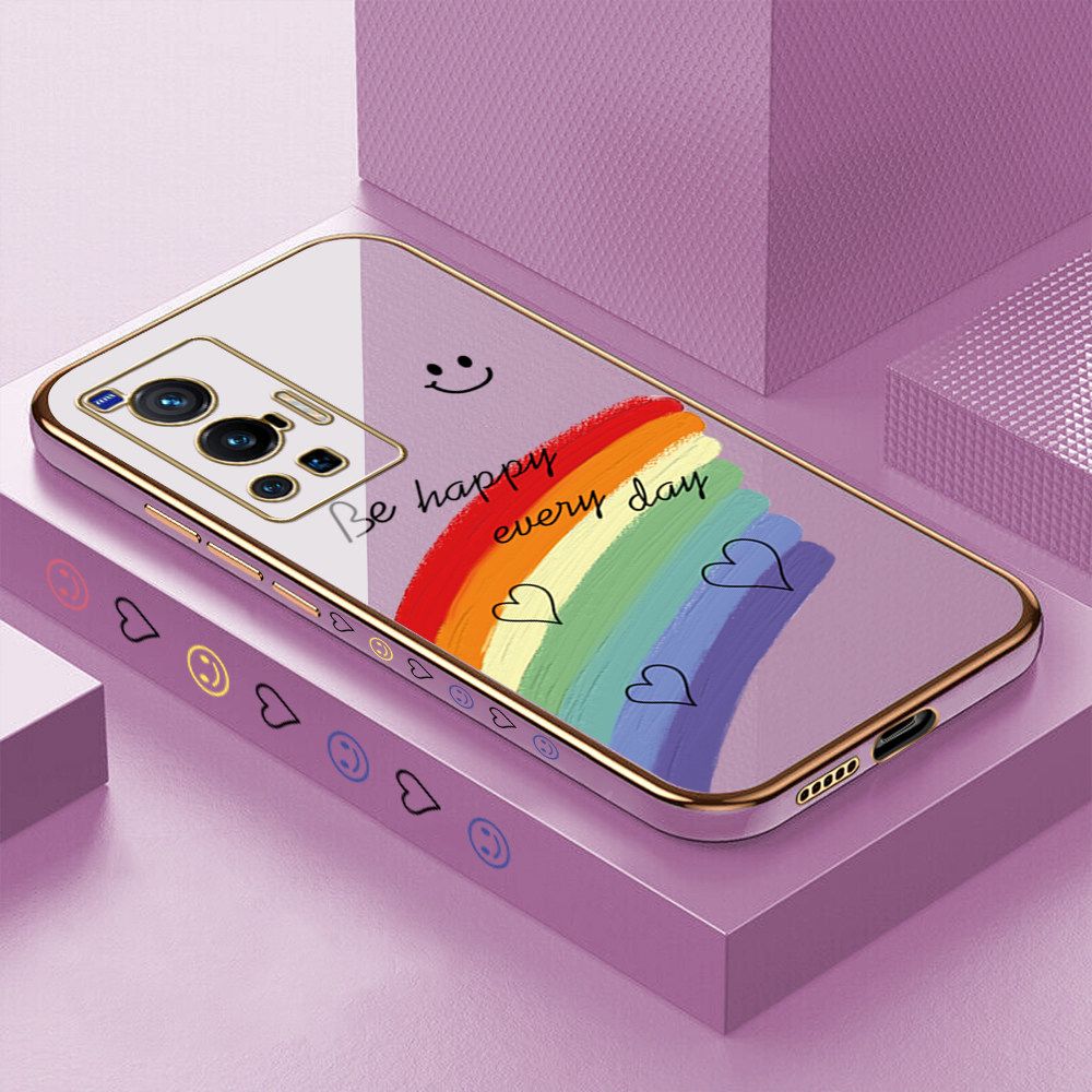 Luxury 6D Plating Case for Vivo X70 Pro 5G Smile Rainbow Lover Heart Side Pattern Back Cover Soft Silicone Square Frame Shiny Bling Phone Cases + Free Lanyard