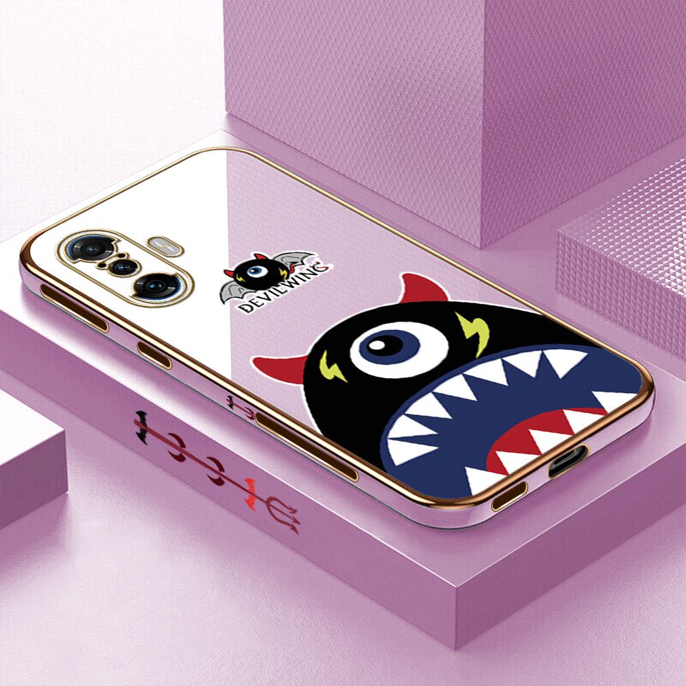 Luxury 6D Plating Case for Xiaomi Poco F3 GT Cartoon One-eyed Devil Wing Side Pattern Back Cover Soft Silicone Square Frame Shiny Bling Phone Cases + Free Lanyard