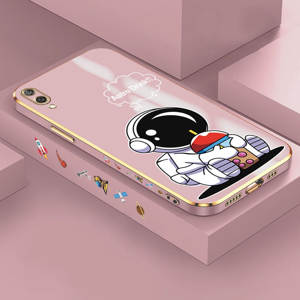 Jizetin (Free Lanyard) Huawei Y7 Pro 2019 Case Cute Cartoon Drink Astronaut Luxury 6D Plating Soft Casing Silicone Ultra Thin Phone Cover