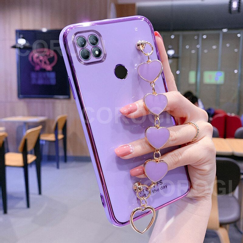 For Realme C25Y Cover + Love Heart Bracelet Fashion Shiny Wrist Chain Plating Bumper Slim Phone Case Soft TPU Silicone Shockproof Protective Back Cover