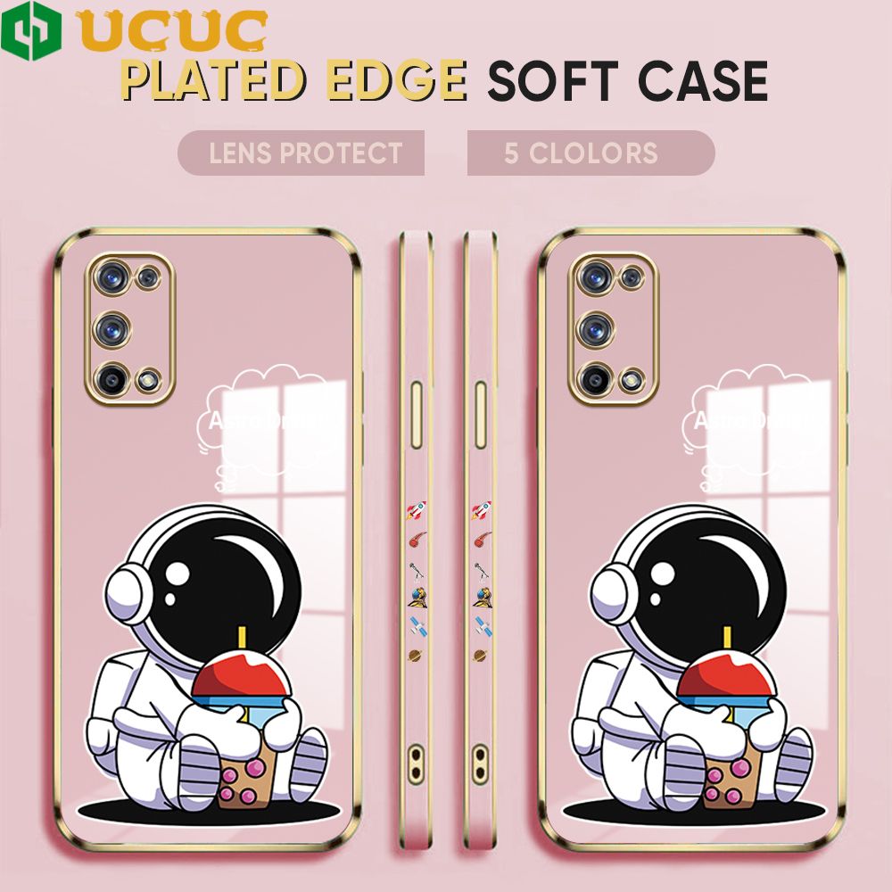 UCUC for Realme X7 Pro Back Cover + Free Lanyard Cute Astronaut Luxury 6D Plating Case Side Pattern Soft Silicone Square Phone Cases