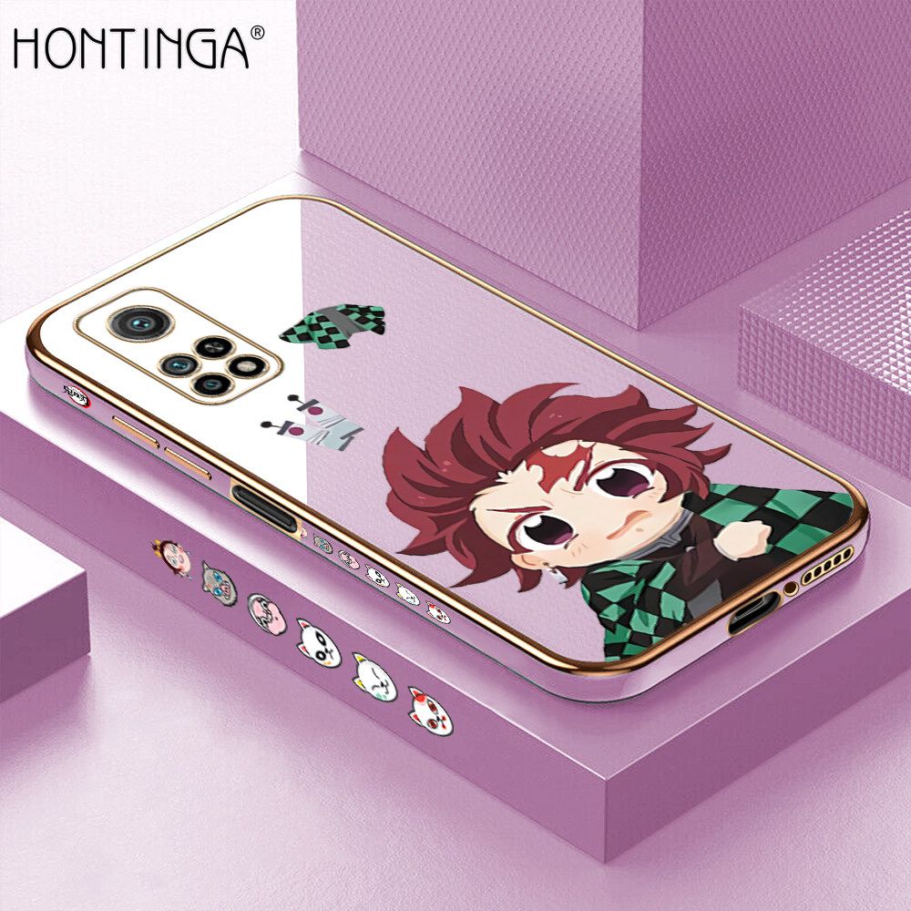 Hontinga for Xiaomi 10T / 10T Pro Back Cover + Free Lanyard Luxury 6D Plating Cartoon Anime Tanjirou Side Pattern Case Soft Silicone Square Mobile Cover