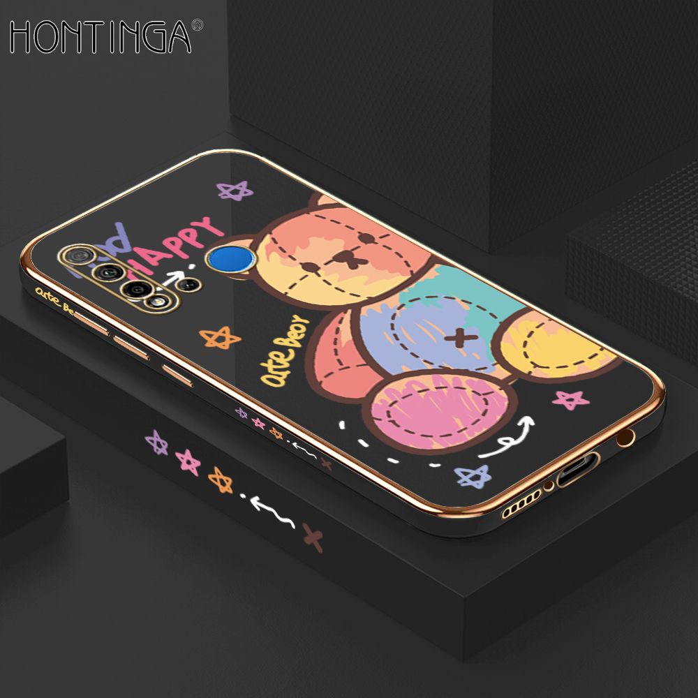 Hontinga for Huawei Nova 5I Case Luxury 6D Plating Color Doll Bear Side Pattern Soft Back Cover Silicone Square Phone Cases