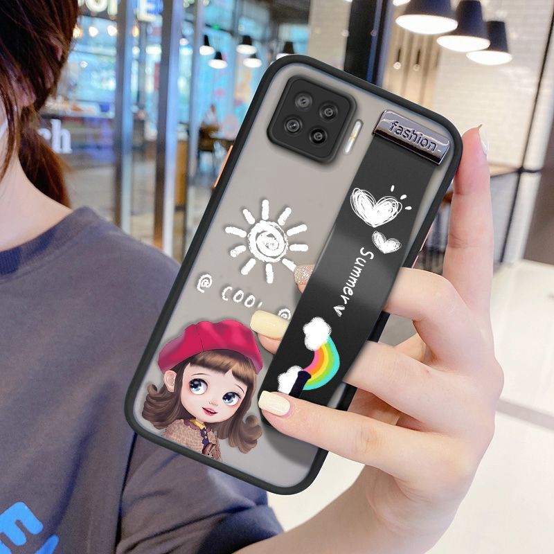 UCUC for OPPO A73 2020 Wrist Strap Case Lovely Cartoon Red Hat Girl Wristband Printing Cover Shockproof Frosted Phone Case