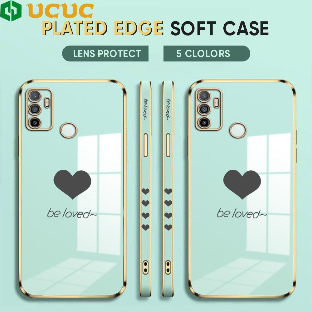 UCUC for OPPO A53 2020 / A33 2020 Back Cover + Free Lanyard Lover Heart Luxury 6D Plating Case Side Pattern Soft Silicone Square Phone Cases