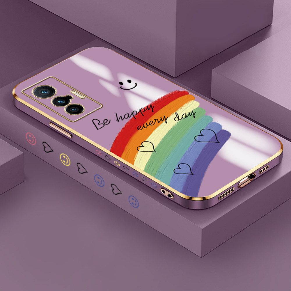 Jizetin (Free Lanyard) Vivo X70 5G Case Rainbow Doodle Luxury 6D Plating Soft Casing Silicone Ultra Thin Phone Cover