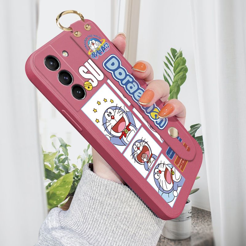 Jizetin for Samsung Galaxy S21 5G Wrist Strap Case Creative Cartoon Doraemon's Daily Life Cover Ultra Thin Anti Fall Liquid Silicone Phone Case