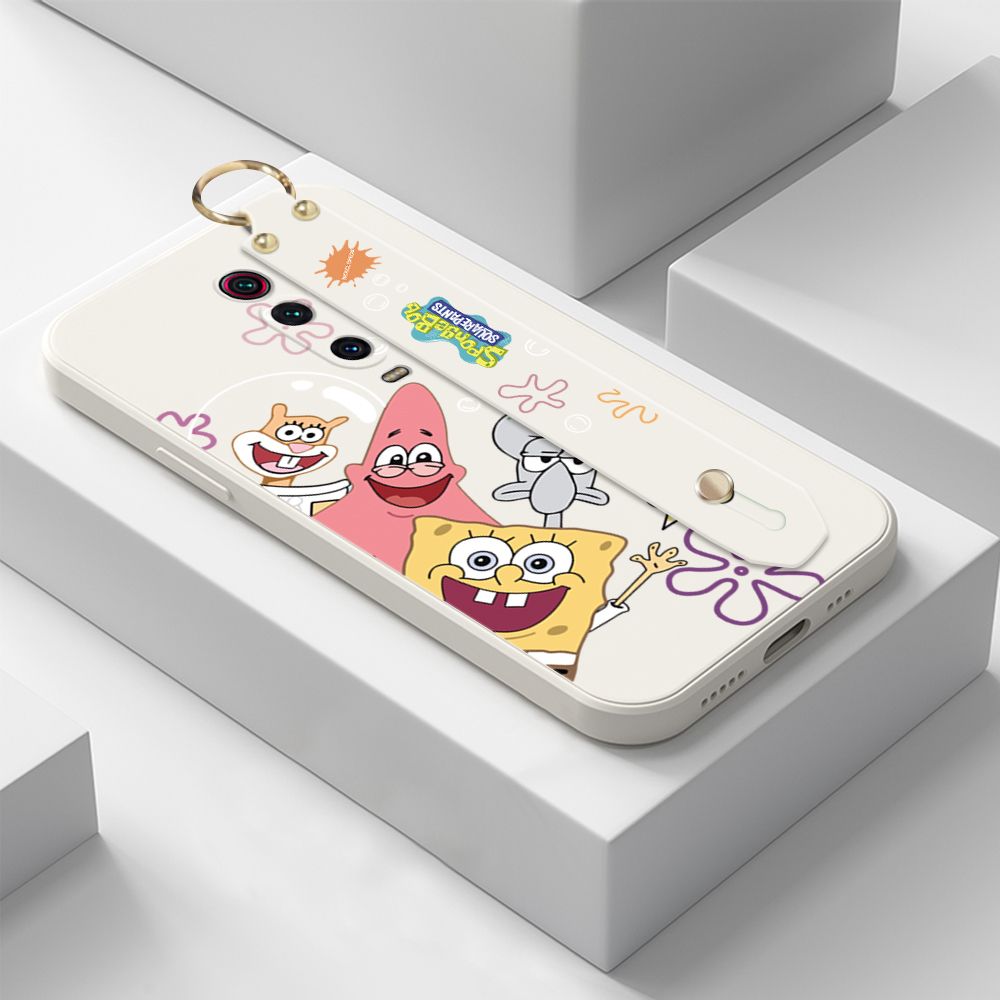 ZeroQiQi for Xiaomi Mi 9T Wrist Strap Case Cute Cute Funny Cartoon Sponge for Square Pants Cover Square Edge Liquid Silicone Anti-drop Phone Case