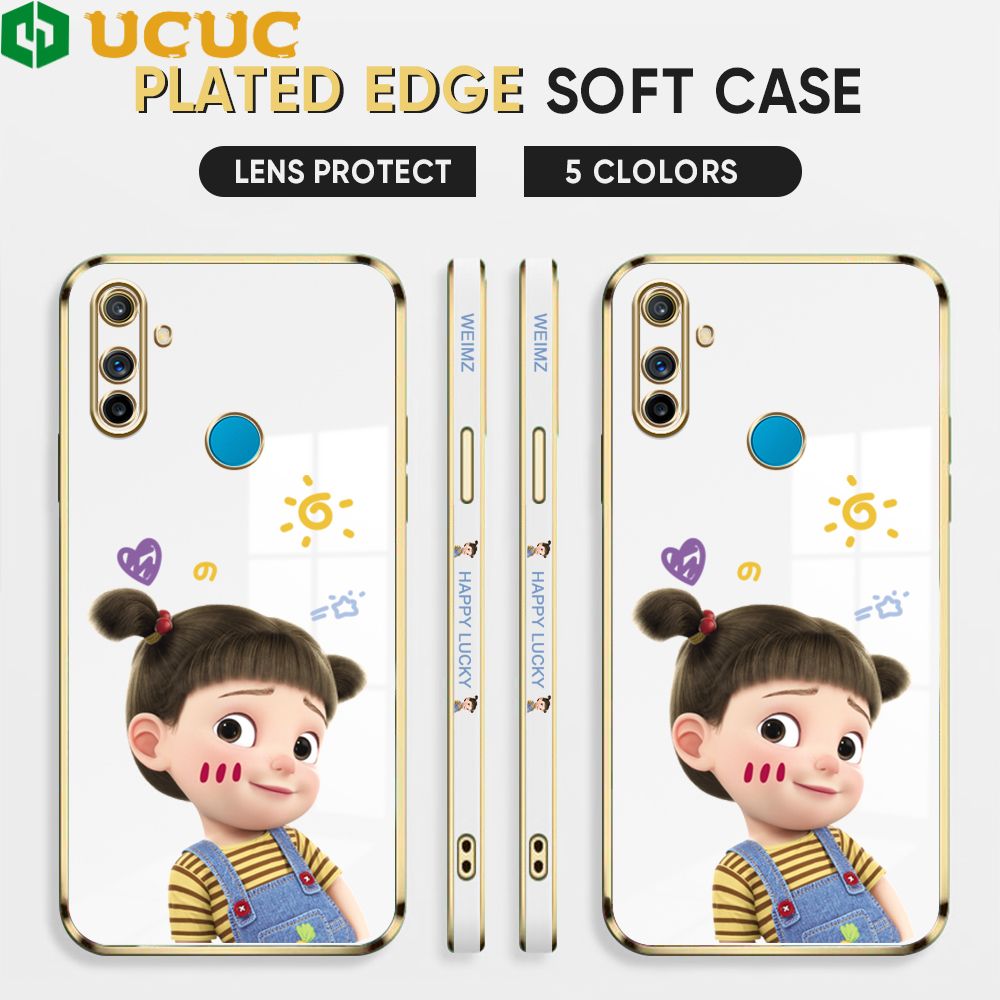 UCUC for Realme C3 Back Cover + Free Lanyard Lovely Girl Luxury 6D Plating Case Side Pattern Soft Silicone Square Phone Cases