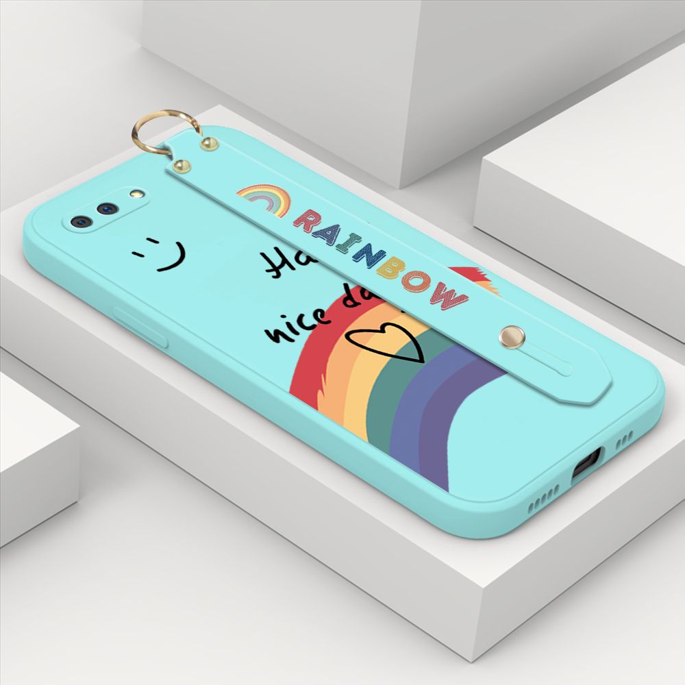 ZeroQiQi for OPPO A3S Wrist Strap Case Lovely Graffiti Rainbow Smile Thin Phone Cover Square Edge Liquid Silicone Creativity Phone Case