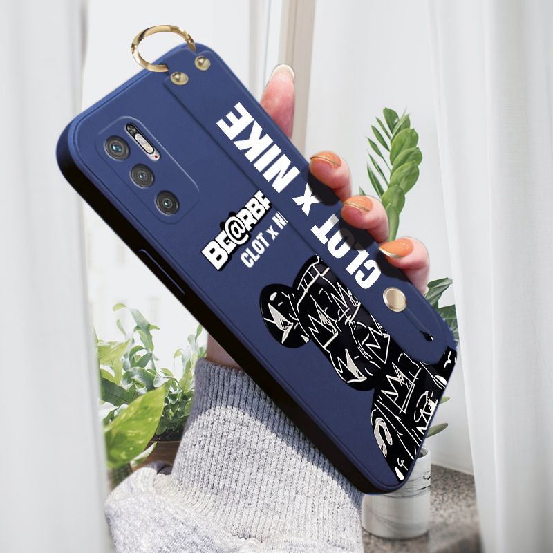 Jizetin for Xiaomi Poco M3 Pro 5G / 4G / Remi Note 10 5G Wrist Strap Case Creative Cartoon Black Stitching Bear Cover Ultra Thin Anti Fall Liquid Silicone Phone Case