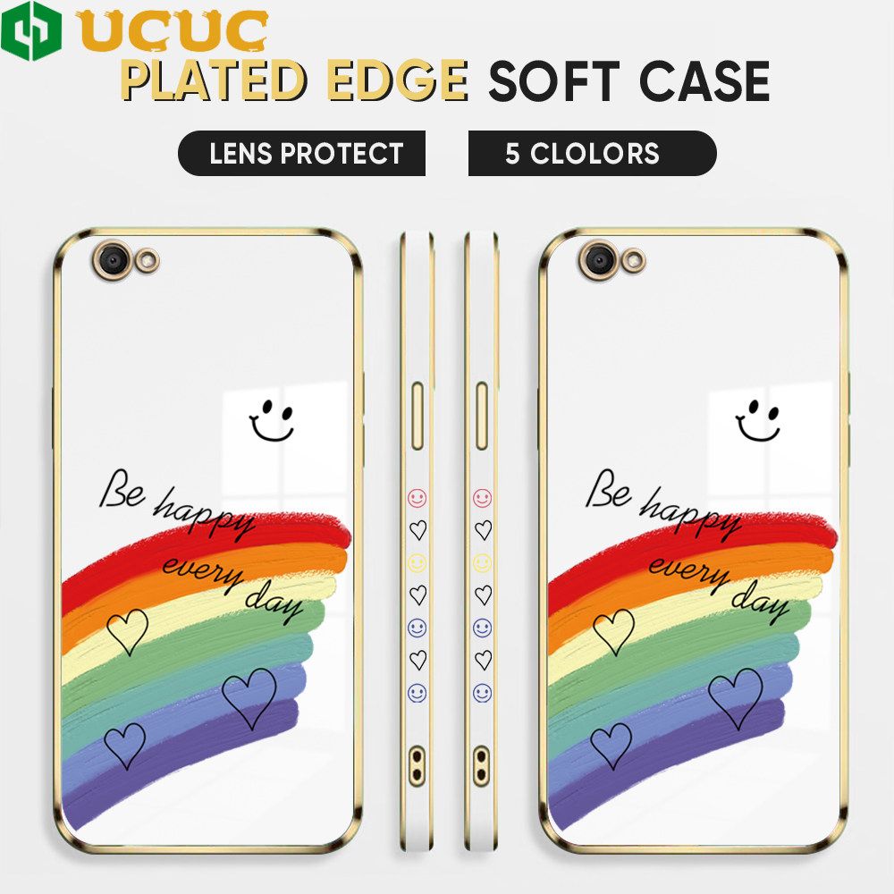 UCUC for Vivo Y67 V5 V5 Lite V5S Back Cover + Free Lanyard Rainbow Doodle Luxury 6D Plating Case Side Pattern Soft Silicone Square Phone Cases