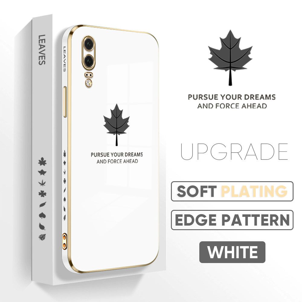 Jizetin (Free Lanyard) Huawei P20 Luxury 6D Plating Soft Casing Silicone Square Frame Phone Case Shiny Bling Back Cover Maple leaf New design Side Drawing Case