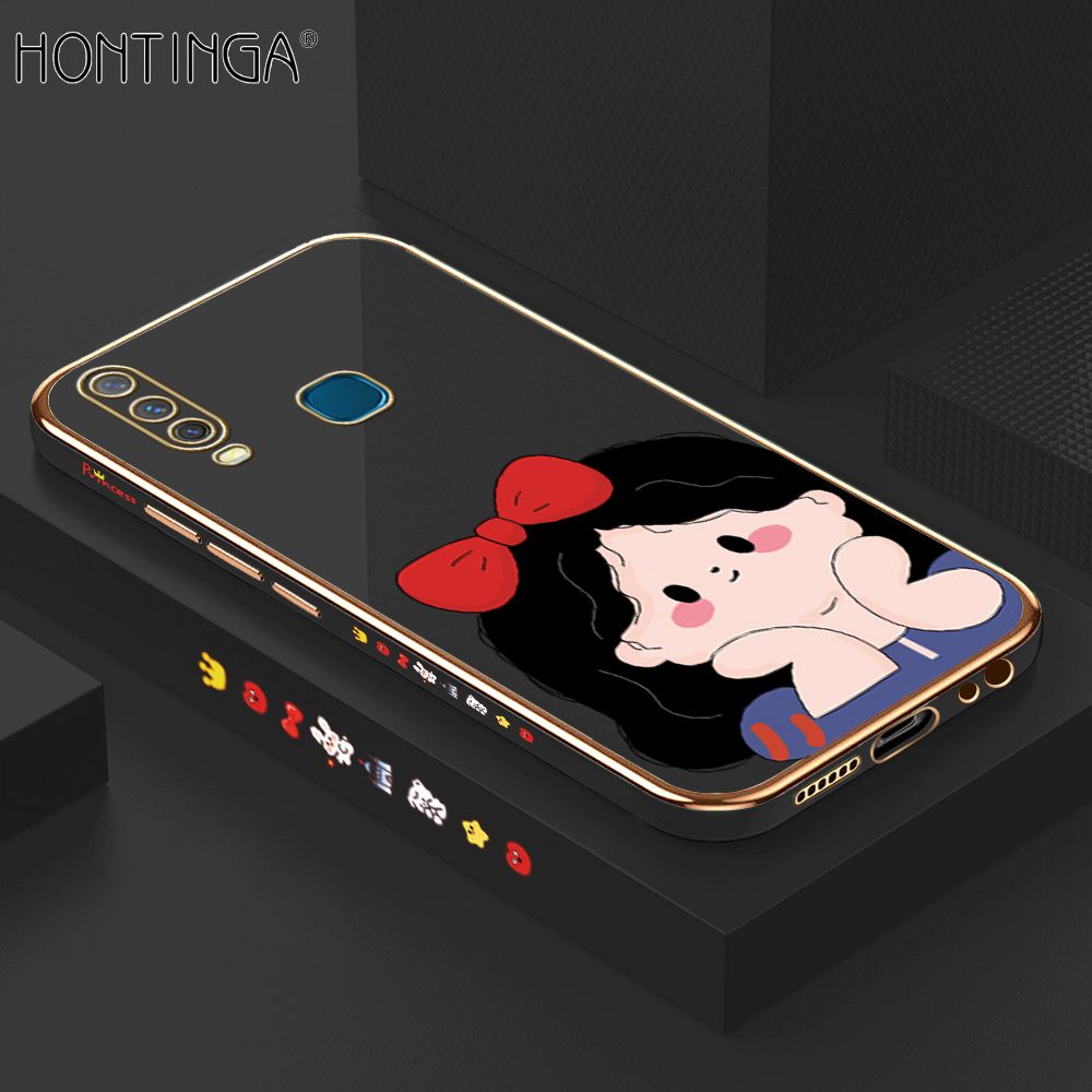 Hontinga for Vivo Y17 Back Cover + Free Lanyard Luxury 6D Plating Cute Bow Girl Side Pattern Case Soft Silicone Square Mobile Cover