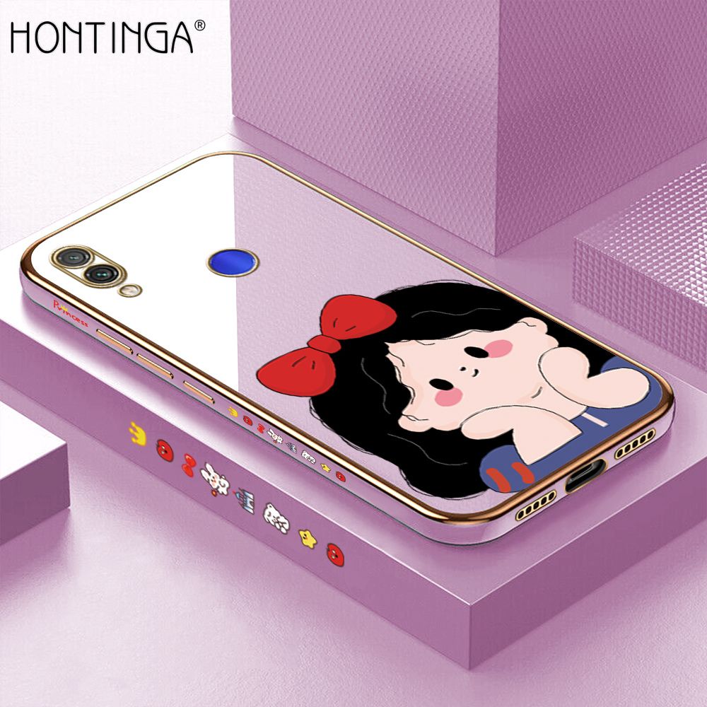Hontinga for Redmi Note 7 Pro Luxury 6D Plating Soft Casing Silicone Square Frame Phone Case Shiny Bling Back Cover Cute Bow Cartoon Girl Case
