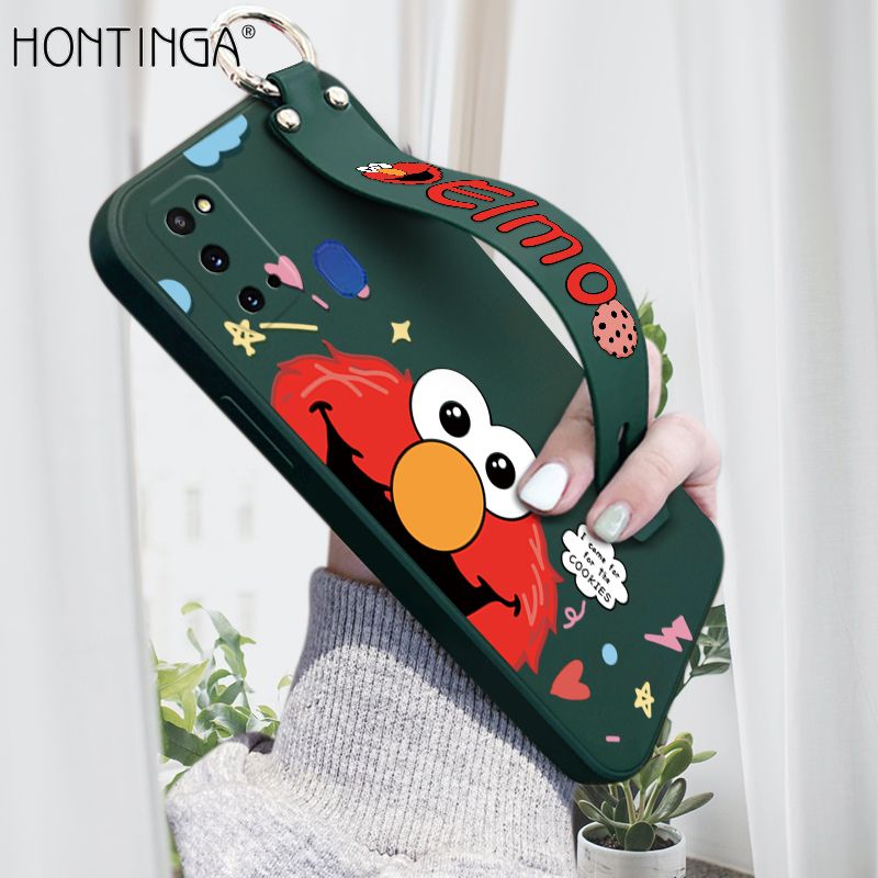 Hontinga for Samsung Galaxy M31 Wrist Strap Case Cute Cute Cartoon Little Monster Phone Cover Square Edge Liquid Silicone Case Full Cover Camera Shockproof Protective Cases